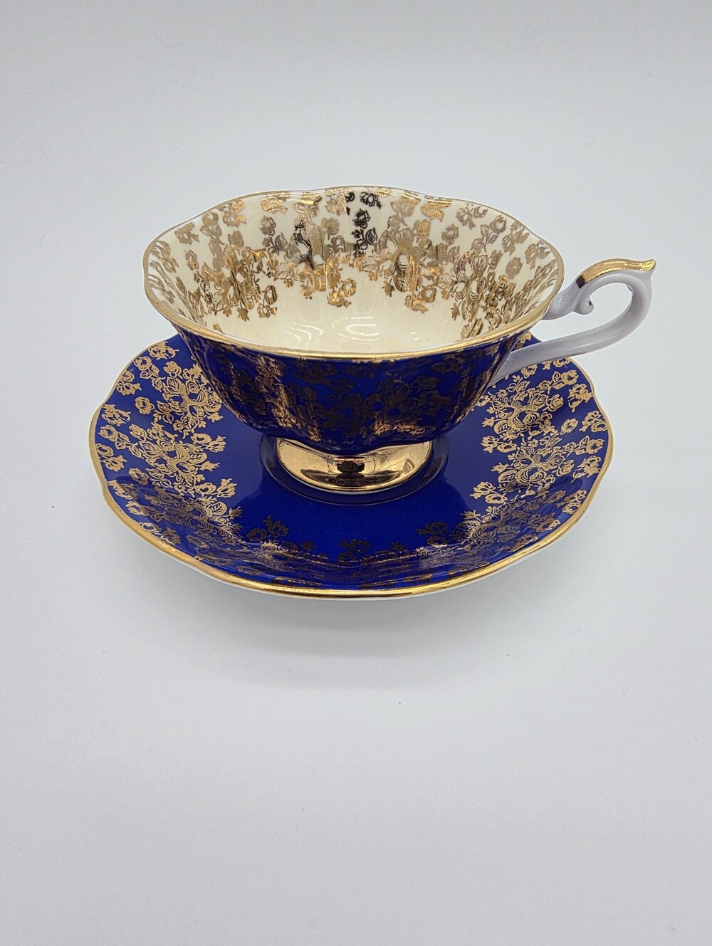 Vintage Royal Albert Empress Series Cobalt Blue 22k Gold Teacup Saucer Set